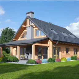 Wizualizacja domu z bali z szarym dachem i kominem, otoczonego zielonym trawnikiem i ozdobnymi krzewami, z widocznym tarasem z meblami ogrodowymi.