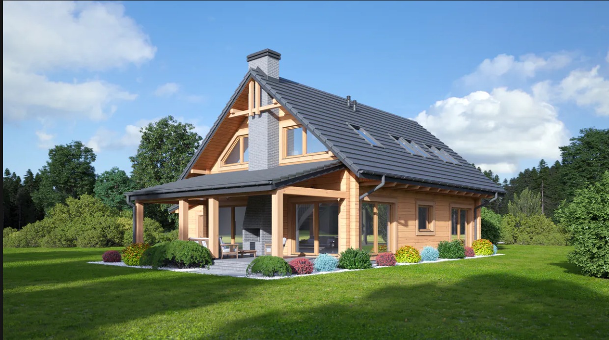 Wizualizacja domu z bali z szarym dachem i kominem, otoczonego zielonym trawnikiem i ozdobnymi krzewami, z widocznym tarasem z meblami ogrodowymi.