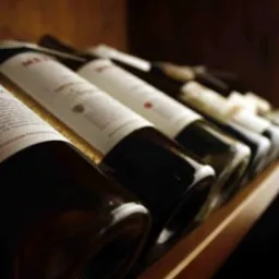 Rząd butelek wina ułożonych na drewnianej półce w piwniczce, etykiety częściowo widoczne, ciemne szkło butelek.