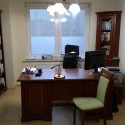 Biuro z drewnianym biurkiem, krzesłem z zielonym obiciem i regałem na książki, oświetlone lampą wiszącą z białymi kloszami.