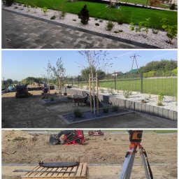 Drabik Paweł P.W. DRABIK - Trzy kadry z realizacji projektu zagospodarowania terenu: widok ogólny z trawnikiem, rabatami z białym grysem i kostką brukową, praca mini koparki przy sadzeniu drzew, niwelator laserowy na statywie.