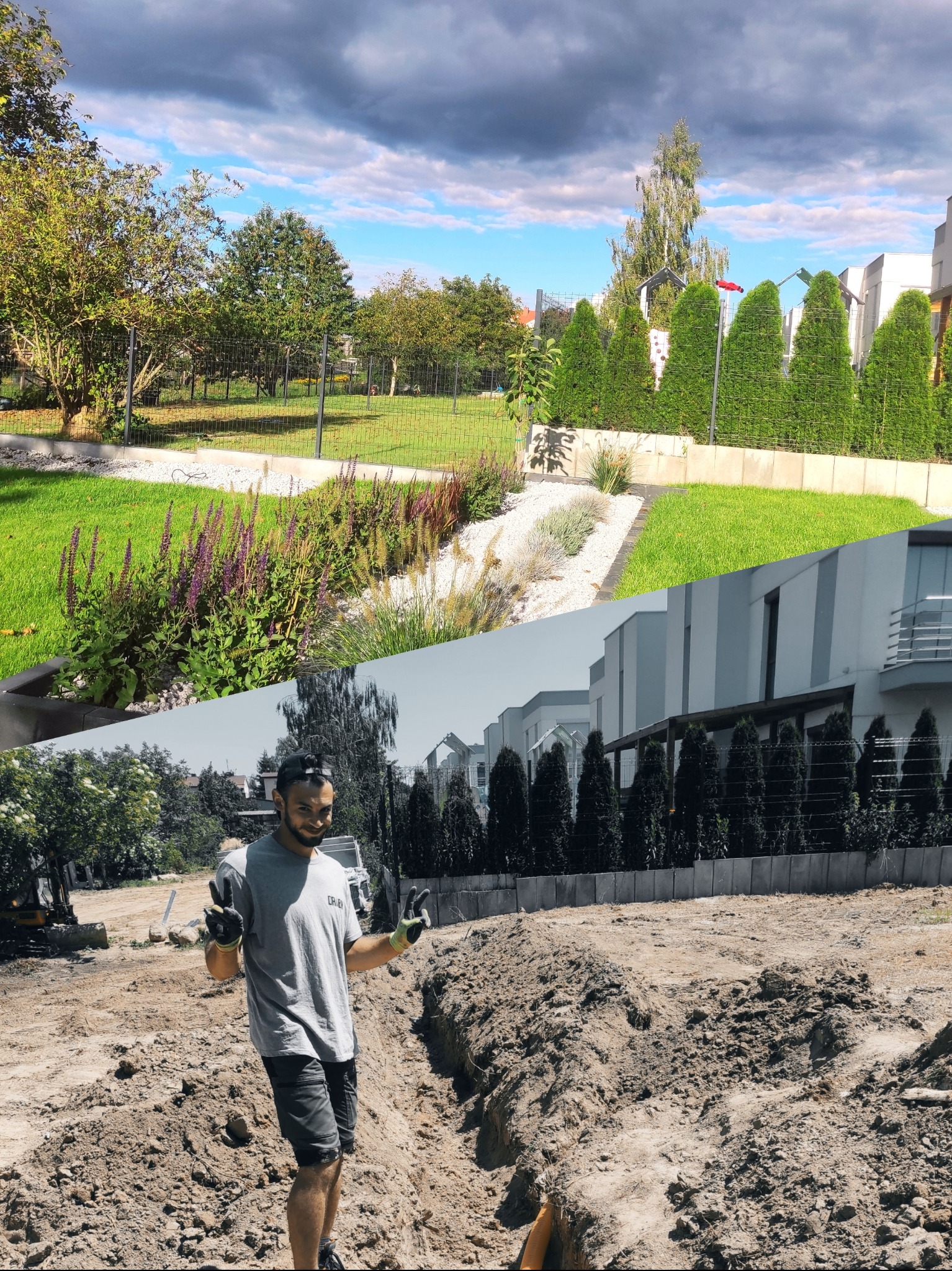 Montaż systemu nawadniania: zdjęcie przedstawia podzielony kadr na gotowy ogród z kwiatami i trawnikiem oraz wykopany rów pod instalację z uśmiechniętym pracownikiem w tle, z podniesionymi palcami...