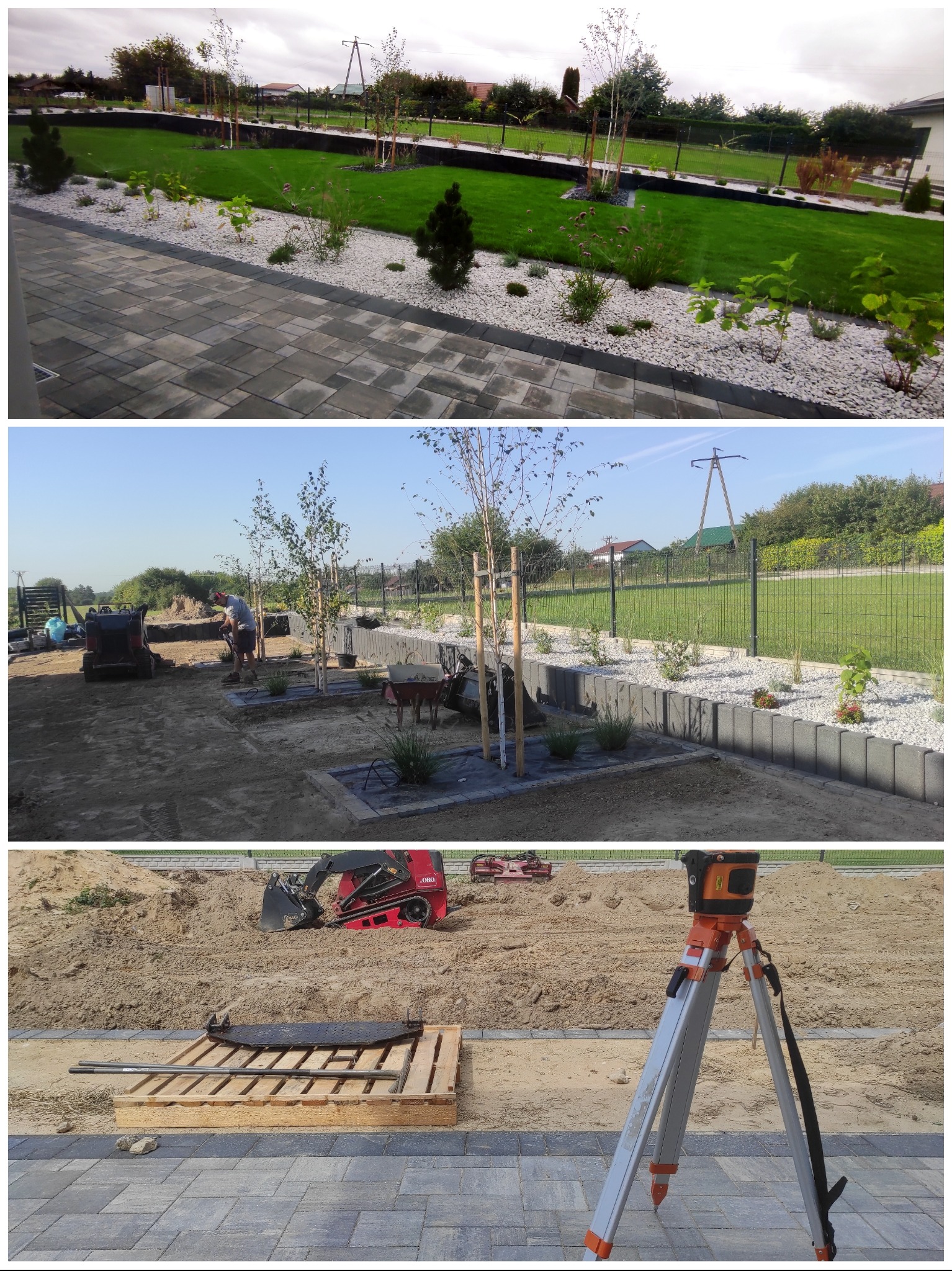 Trzy kadry z realizacji projektu zagospodarowania terenu: widok ogólny z trawnikiem, rabatami z białym grysem i kostką brukową, praca mini koparki przy sadzeniu drzew, niwelator laserowy na statywie.