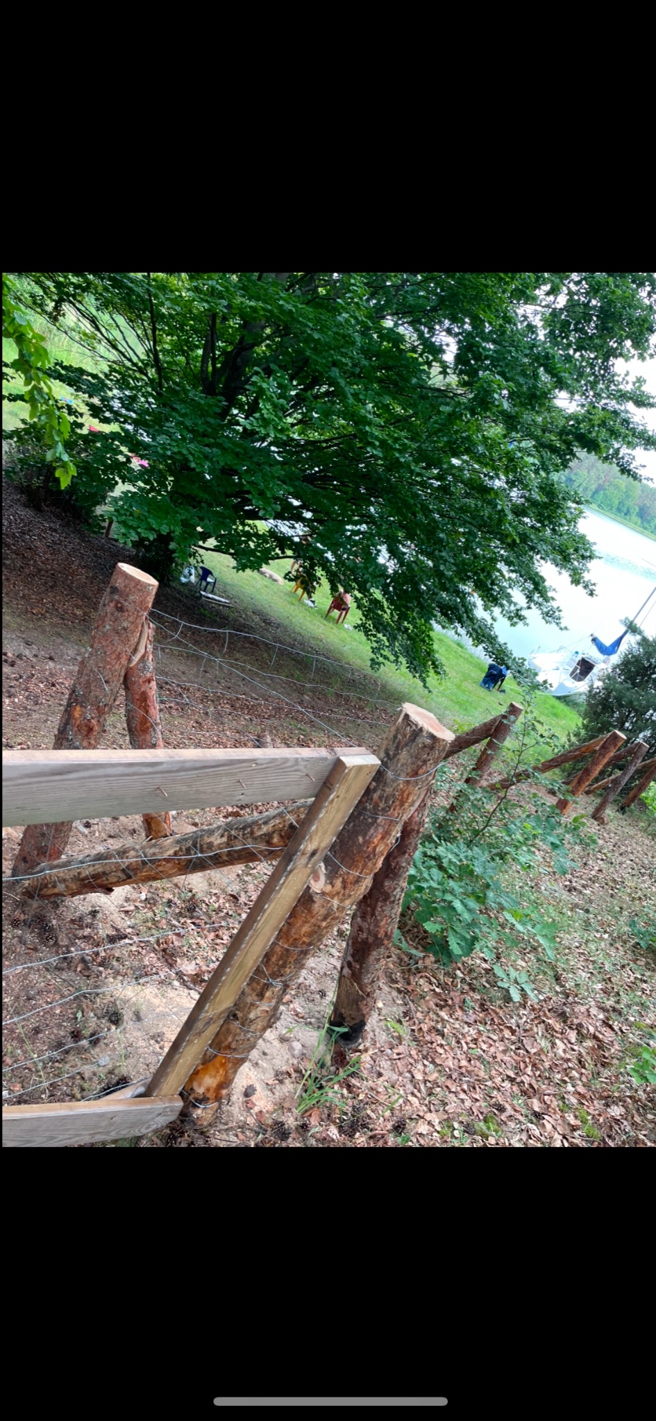Drewniany płot z drutem kolczastym, zbudowany na skraju lasu z widokiem na jezioro i odpoczywających ludzi.