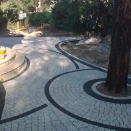 Nowoczesna nawierzchnia z jasnoszarej kostki z ciemnymi obwódkami, ułożona wokół pnia drzewa i schodów wejściowych do domu, z widocznym wężem ogrodowym i butelką po płynie.