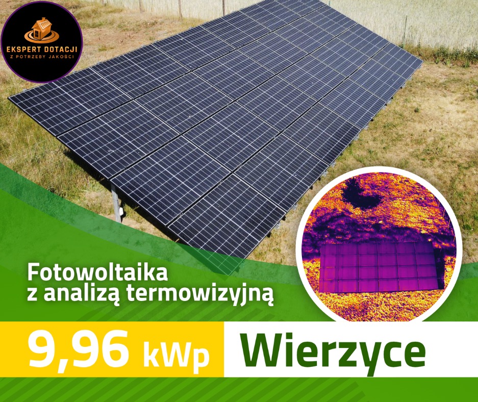 Instalacja fotowoltaiczna na trawiastym terenie, z analizą termowizyjną widoczną w okręgu na zdjęciu, prezentująca rozkład temperatur na panelach.