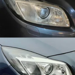 Porównanie stanu reflektora Opel Insignia przed i po uszczelnieniu w Gdyni: widoczna różnica w przejrzystości klosza, od zaparowanego do krystalicznie czystego.
