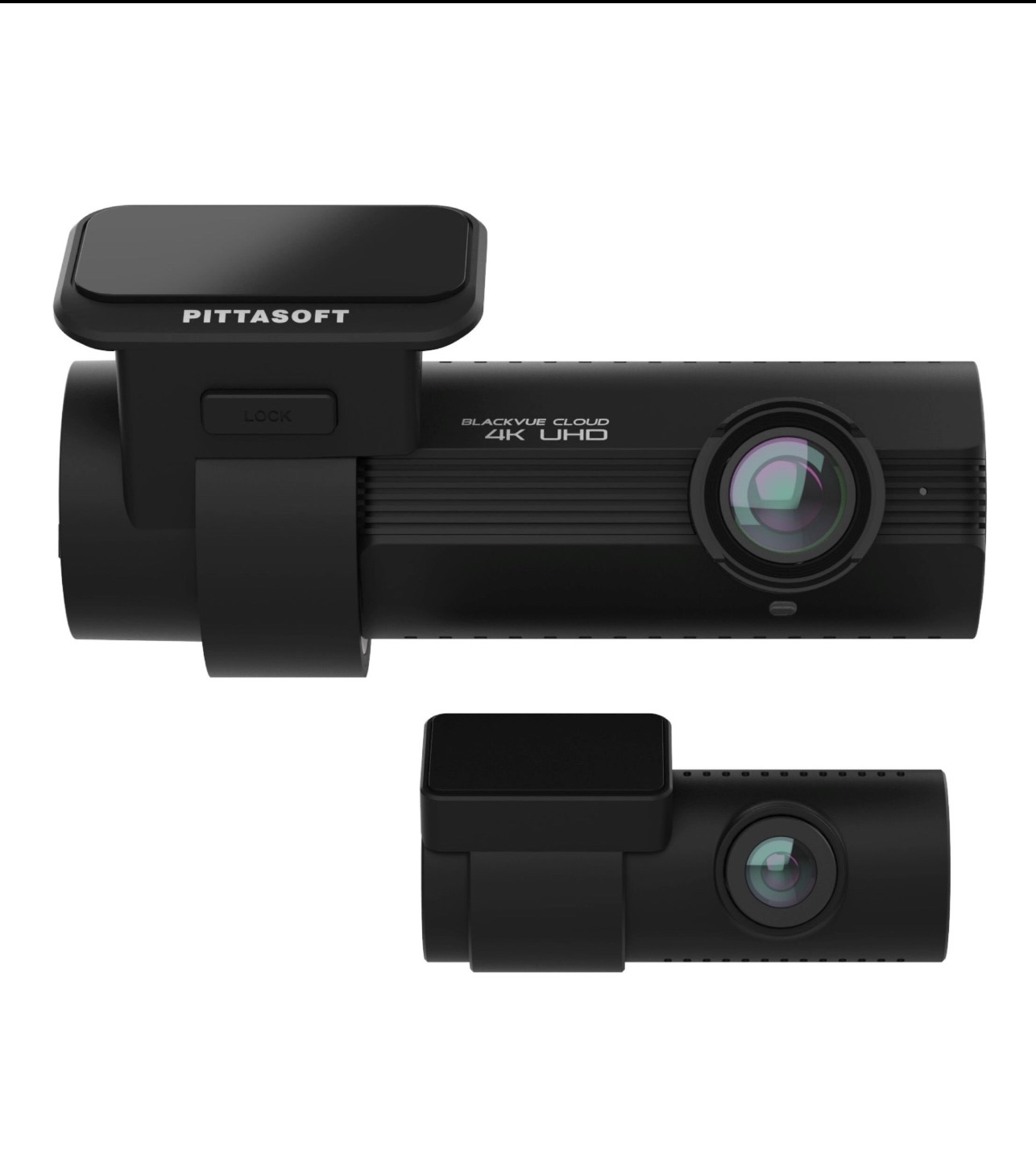 Czarna kamera samochodowa Blackvue Cloud 4K UHD z logo Pittasoft, prezentowana na białym tle.