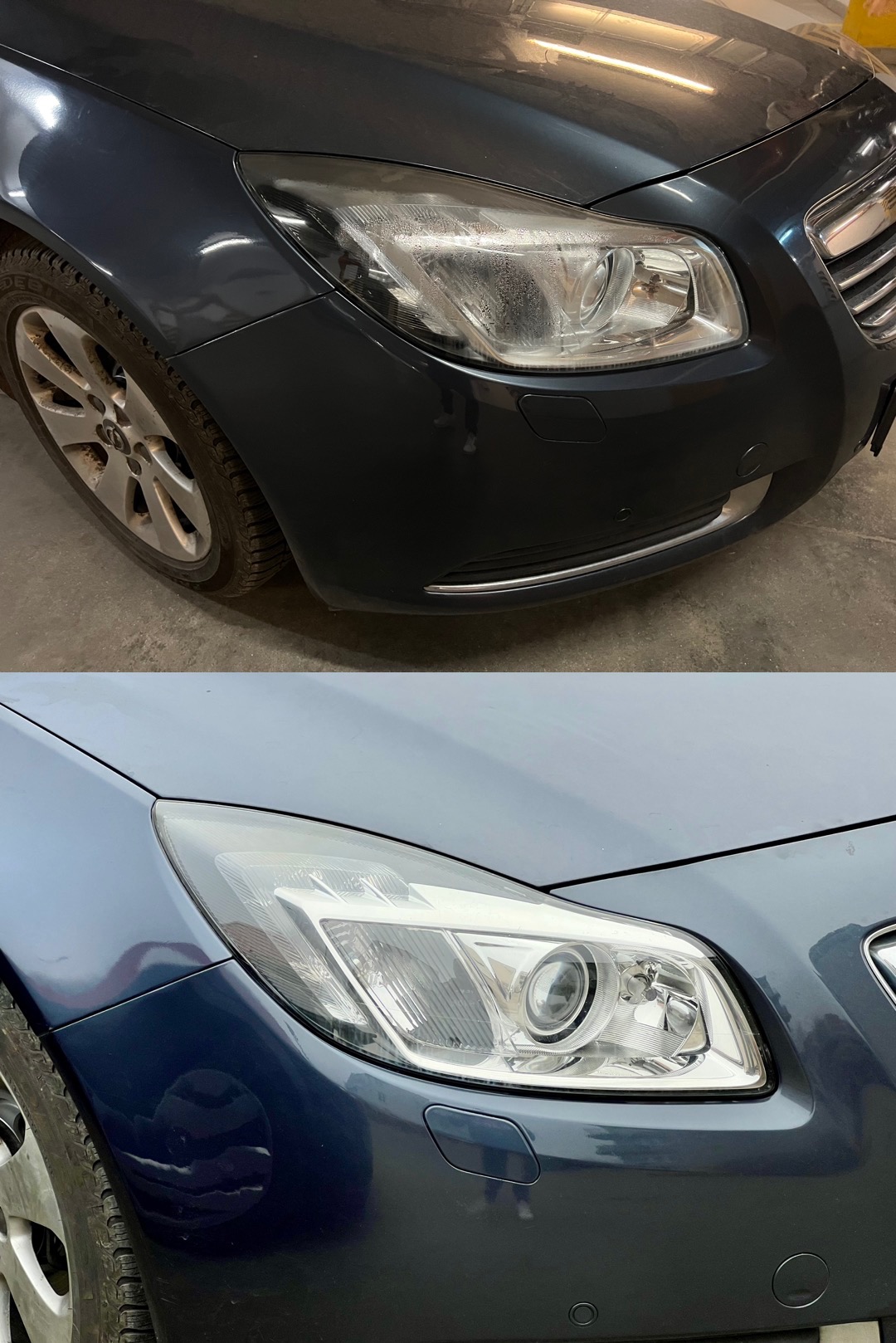 Opel Insignia: Porównanie stanu reflektora przed (zaprawały) i po uszczelnieniu, widoczne różnice w klarowności i braku zaparowania.