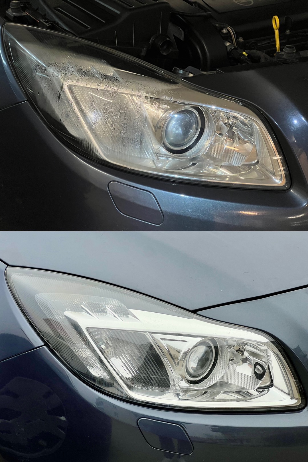 Porównanie stanu reflektora Opel Insignia przed i po uszczelnieniu w Gdyni: widoczna różnica w przejrzystości klosza, od zaparowanego do krystalicznie czystego.