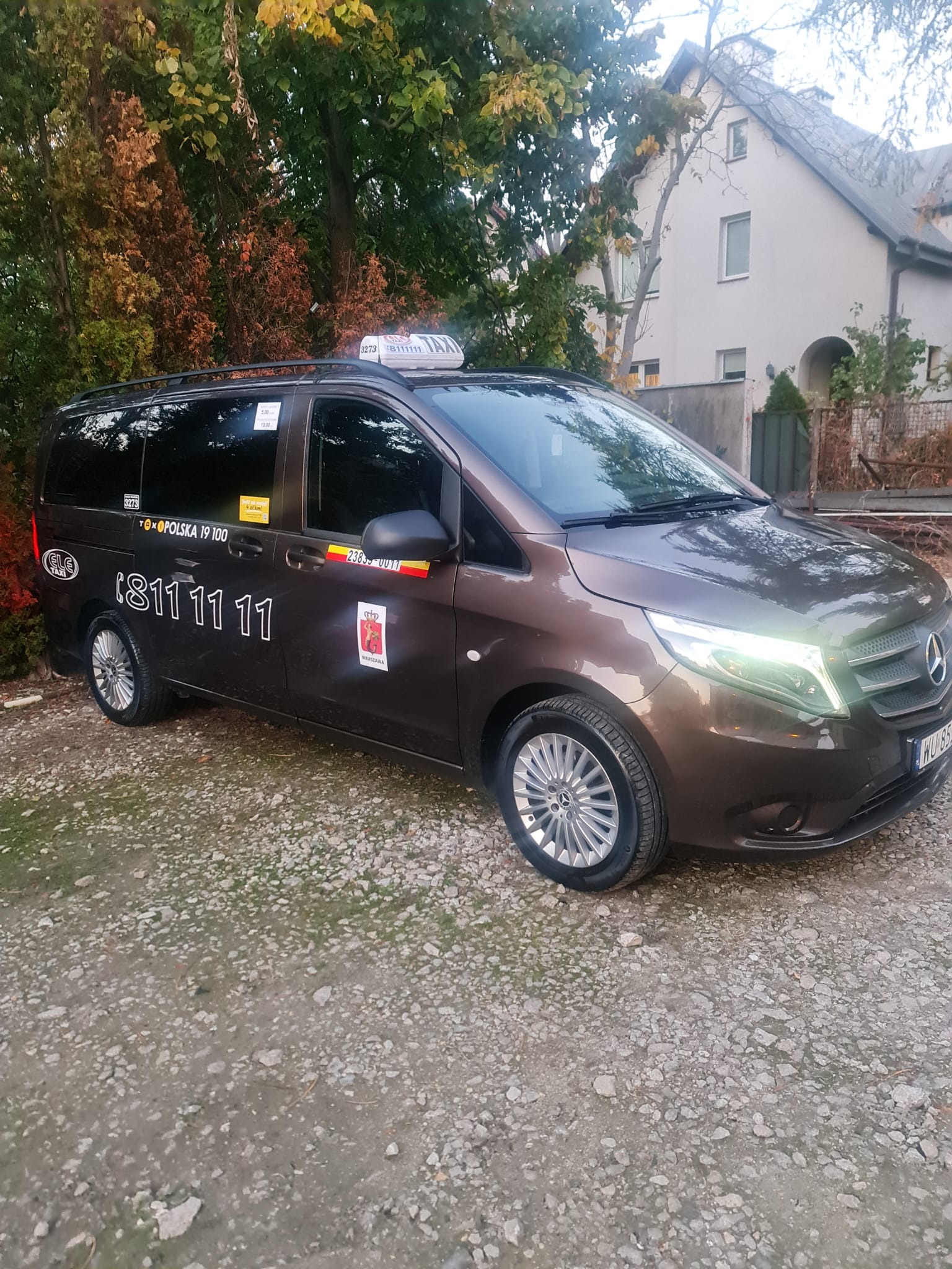 Brązowy van Mercedes-Benz z oznaczeniami taksówki, zaparkowany na żwirowej nawierzchni przed domem i drzewami.