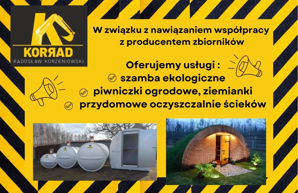 Żółto-czarna grafika reklamowa firmy KORRAD Radosław Korzeniowski, oferującej usługi: szamba ekologiczne, piwniczki ogrodowe/ziemianki oraz przydomowe oczyszczalnie ścieków. Na dole zdjęcia...