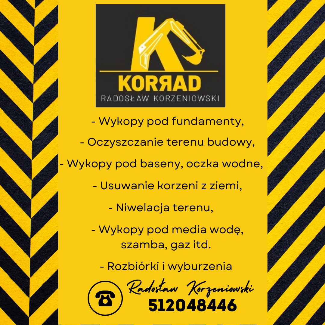 Żółto-czarne tło z ukośnymi pasami, logo firmy KORAAD z sylwetką koparki, lista usług: wykopy pod fundamenty, oczyszczanie terenu budowy, wykopy pod baseny, usuwanie korzeni, niwelacja terenu...