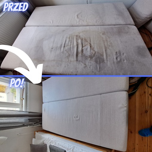 Dwuetapowe ujęcie: górna część ukazuje zabrudzoną, jasną kanapę z plamami przed czyszczeniem, dolna część prezentuje tę samą kanapę po czyszczeniu, odzyskaną czystość i świeżość.