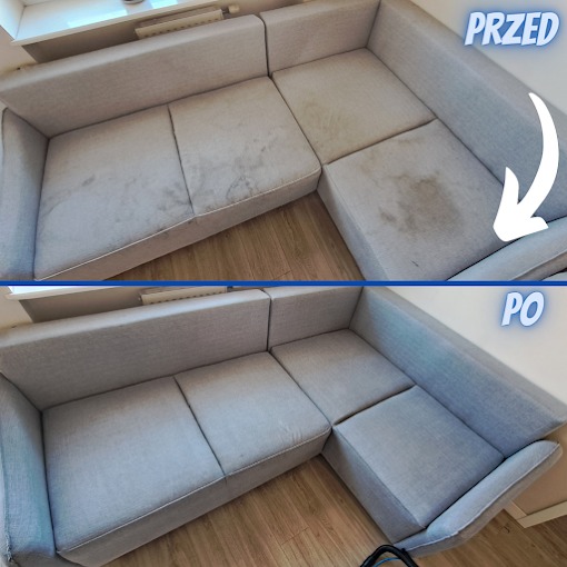 Szary narożnik modułowy: górna część zdjęcia pokazuje widoczne plamy i zabrudzenia na siedziskach, dolna część prezentuje narożnik po czyszczeniu, z usuniętymi plamami i odświeżonym wyglądem.