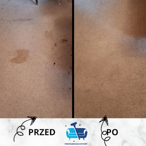 Dywan z plamami przed i po czyszczeniu, z logo firmy czyszczącej w dolnej części zdjęcia.