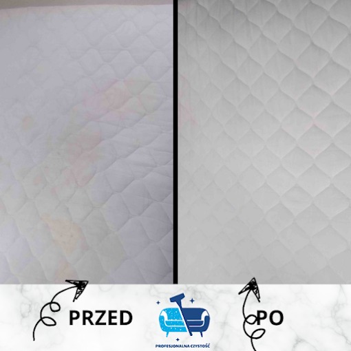 Porównanie stanu kanapy przed i po czyszczeniu: po lewej stronie widoczne plamy i zabrudzenia, po prawej - czysta, biała powierzchnia z pikowaniem.