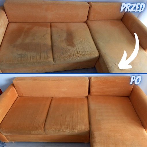 Pomarańczowa kanapa narożna, widok z góry, porównanie stanu przed i po czyszczeniu, z widocznymi plamami i zabrudzeniami na górnej połowie zdjęcia oraz czystą powierzchnią na dolnej połowie,...