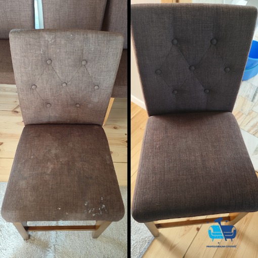 Krzesło tapicerowane w kolorze brązowym w układzie przed i po czyszczeniu, ukazujące znaczną poprawę wyglądu tkaniny w Gdyni.