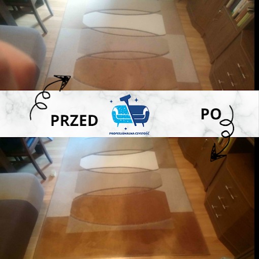 Dywan z geometrycznym wzorem, widok przed i po czyszczeniu, z logo firmy nałożonym na zdjęcie.
