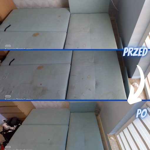 Zdjęcie 'przed i po' przedstawiające jasnoniebieską kanapę z widocznymi plamami, które zniknęły po czyszczeniu. Widoczna różnica w czystości materiału.