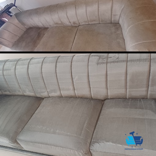 Dwu-segmentowe ujęcie narożnika z welurową tapicerką: górne przed czyszczeniem z widocznymi plamami, dolne po czyszczeniu z logo firmy w prawym dolnym rogu.