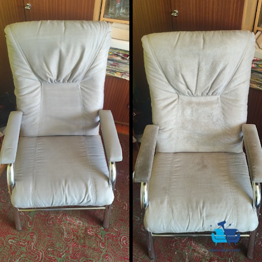 Porównanie fotela biurowego z jasnej skóry przed i po czyszczeniu: po lewej stronie fotel wygląda świeżo, po prawej widać wyraźne ślady użytkowania i zabrudzenia.