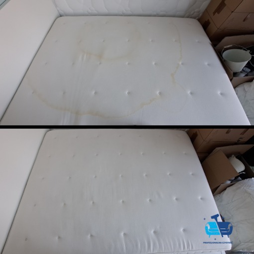 Materac z widoczną plamą przed czyszczeniem i ten sam materac po profesjonalnym praniu, prezentujący efekt usunięcia zabrudzeń.