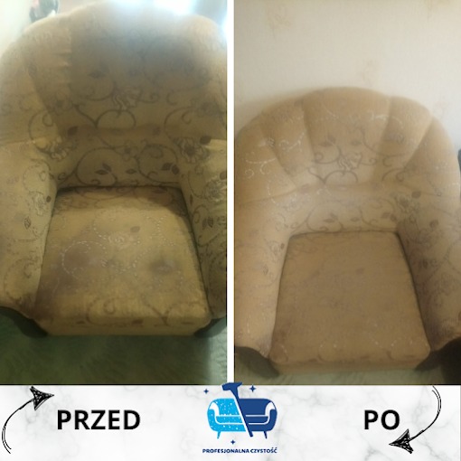 Fotel tapicerowany z wzorem kwiatowym, widok przed i po czyszczeniu, ukazujący różnicę w odświeżeniu koloru i usunięciu plam.