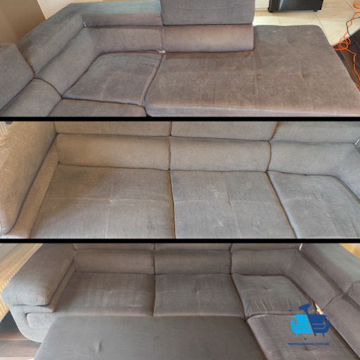 Kolaż przedstawiający narożnik z szarej tapicerki w trzech ujęciach: przed, w trakcie oraz po procesie czyszczenia, ukazujący znaczną poprawę wyglądu materiału.