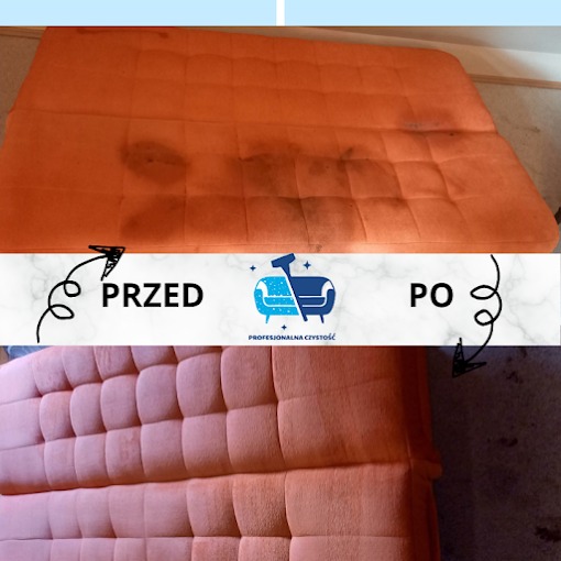 Pomarańczowa kanapa modułowa z widocznymi plamami przed czyszczeniem i odświeżona po zabiegu, prezentacja efektu 'przed i po' z logo firmy czyszczącej.