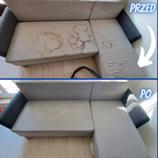 Porównanie stanu narożnika przed i po czyszczeniu: widoczne plamy usunięte z jasnej tapicerki, narożnik z szarymi bokami.