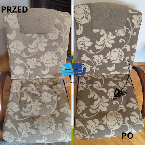 Krzesełko tapicerowane z brązowo-białym wzorem kwiatowym przed i po czyszczeniu, widoczne plamy usunięte z siedziska.