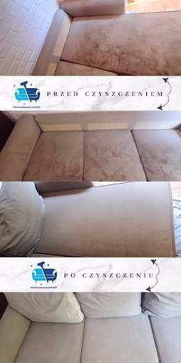 Porównanie stanu kanapy przed i po czyszczeniu, widoczne usunięte plamy na jasnym obiciu.