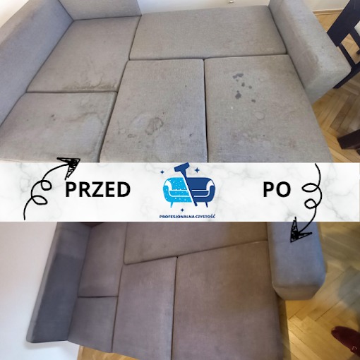 Szara narożna kanapa przed i po praniu, widoczne plamy zniknęły, ujęcie z góry, logo firmy na środku.