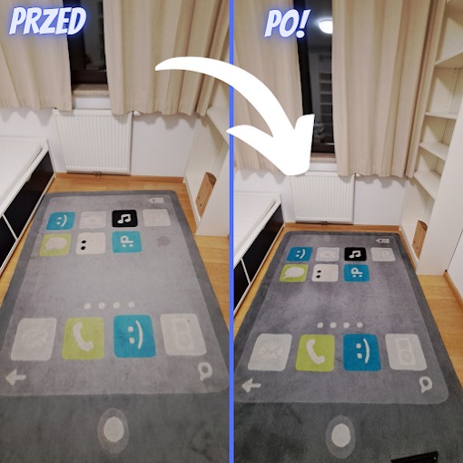 Dywan w kształcie smartfona: porównanie stanu przed i po czyszczeniu, widoczne różnice w odświeżeniu kolorów i usunięciu plam, wnętrze pokoju z zasłonami i grzejnikiem.