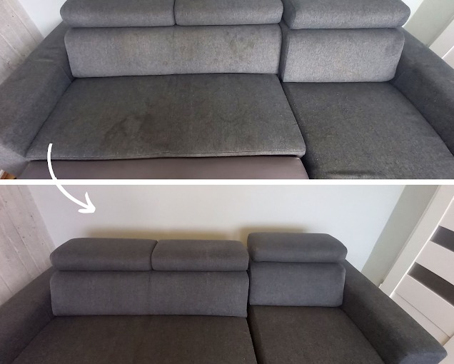 Szara kanapa modułowa: widok przed i po czyszczeniu, uwidaczniający różnicę w odcieniu i usunięcie plam na siedzisku, strzałka wskazuje na efekt czyszczenia.