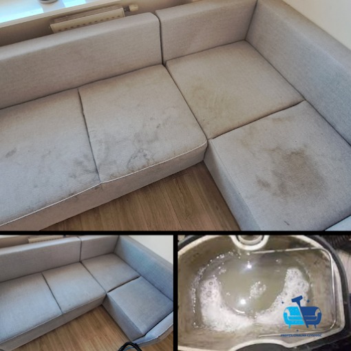 Narożnik tapicerowany z widocznymi plamami przed czyszczeniem, w tle pojemnik odkurzacza z brudną wodą i logo firmy.