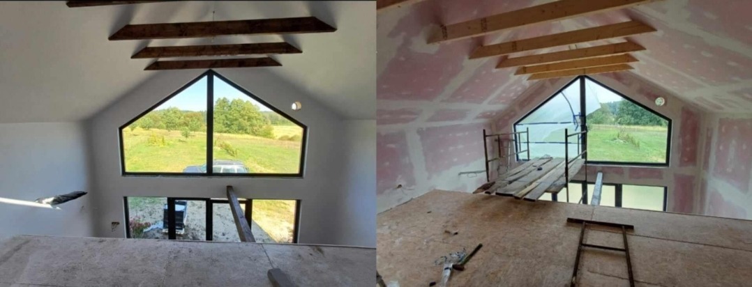 Porównanie wnętrza poddasza przed i po: surowy stan z drewnianymi belkami stropowymi i oknem szczytowym z widokiem na zieleń kontra wygładzone ściany po szpachlowaniu i przygotowaniu do dalszych...