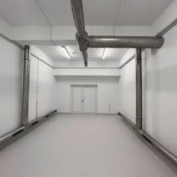 Wnętrze pomieszczenia z widocznymi rurami wentylacyjnymi na ścianach i suficie, prowadzącymi do drzwi na wprost.