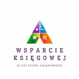 Kolorowe logo firmy księgowej w kształcie litery A, podzielone na cztery segmenty z symbolami matematycznymi: plus, minus, mnożenie i procent. Pod logiem napis 'Wsparcie Księgowej' i 'Elastyczna...