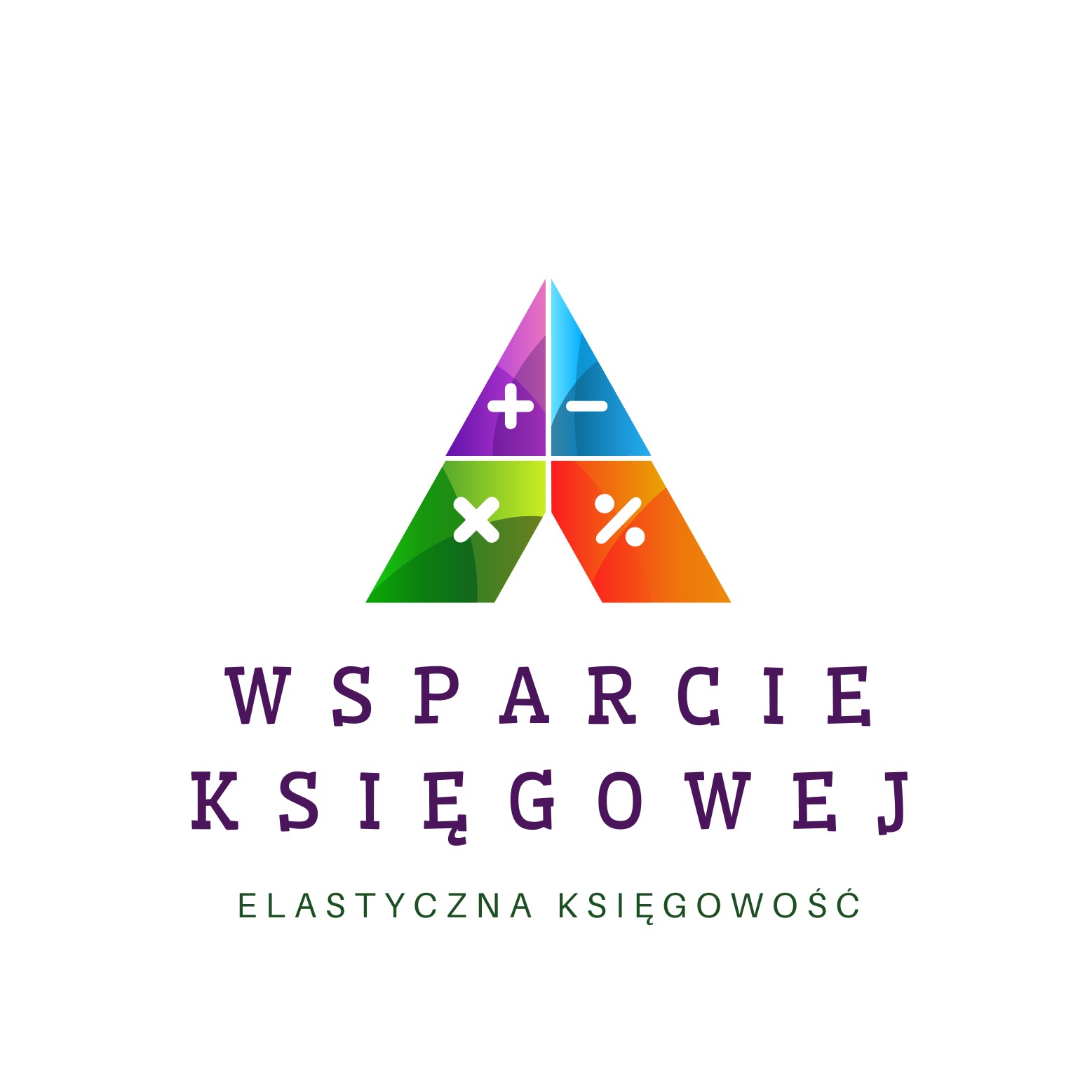 Kolorowe logo firmy księgowej w kształcie litery A, podzielone na cztery segmenty z symbolami matematycznymi: plus, minus, mnożenie i procent. Pod logiem napis 'Wsparcie Księgowej' i 'Elastyczna...