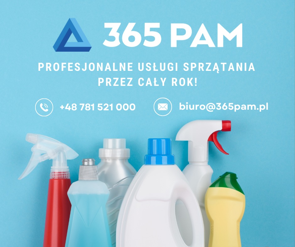 Reklama firmy sprzątającej 365 PAM, prezentująca różnorodne środki czystości w kolorowych butelkach na błękitnym tle z widocznym logo i danymi kontaktowymi.