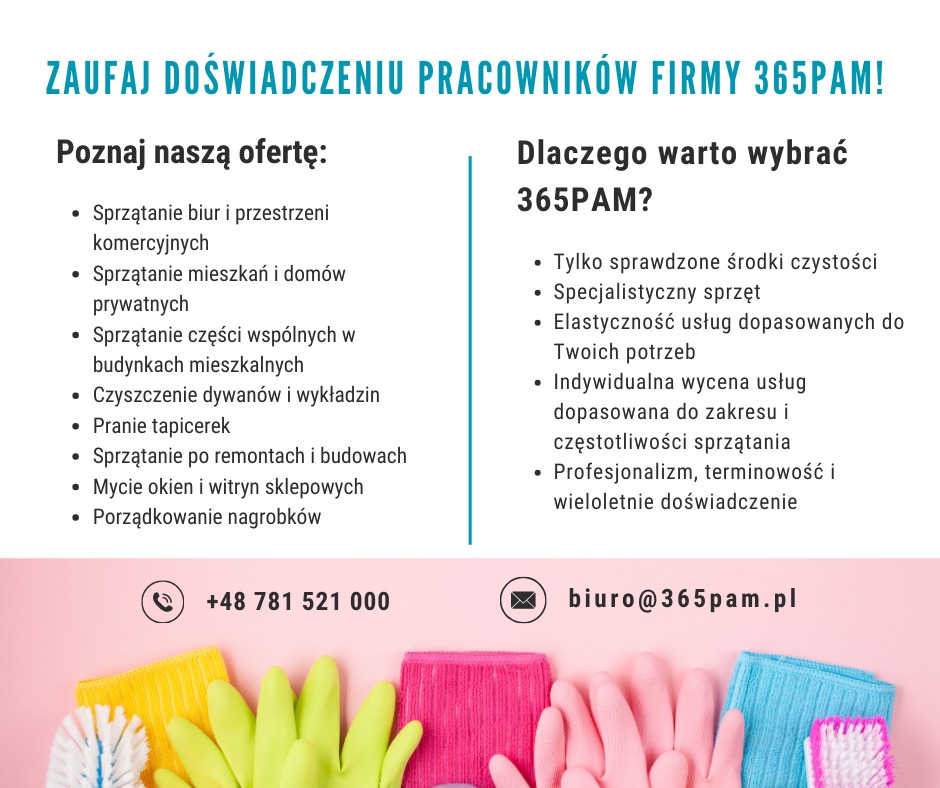 Reklama firmy sprzątającej 365PAM z ofertą usług, numerem telefonu i adresem e-mail, na dole ułożone kolorowe ściereczki, szczotki i rękawice.