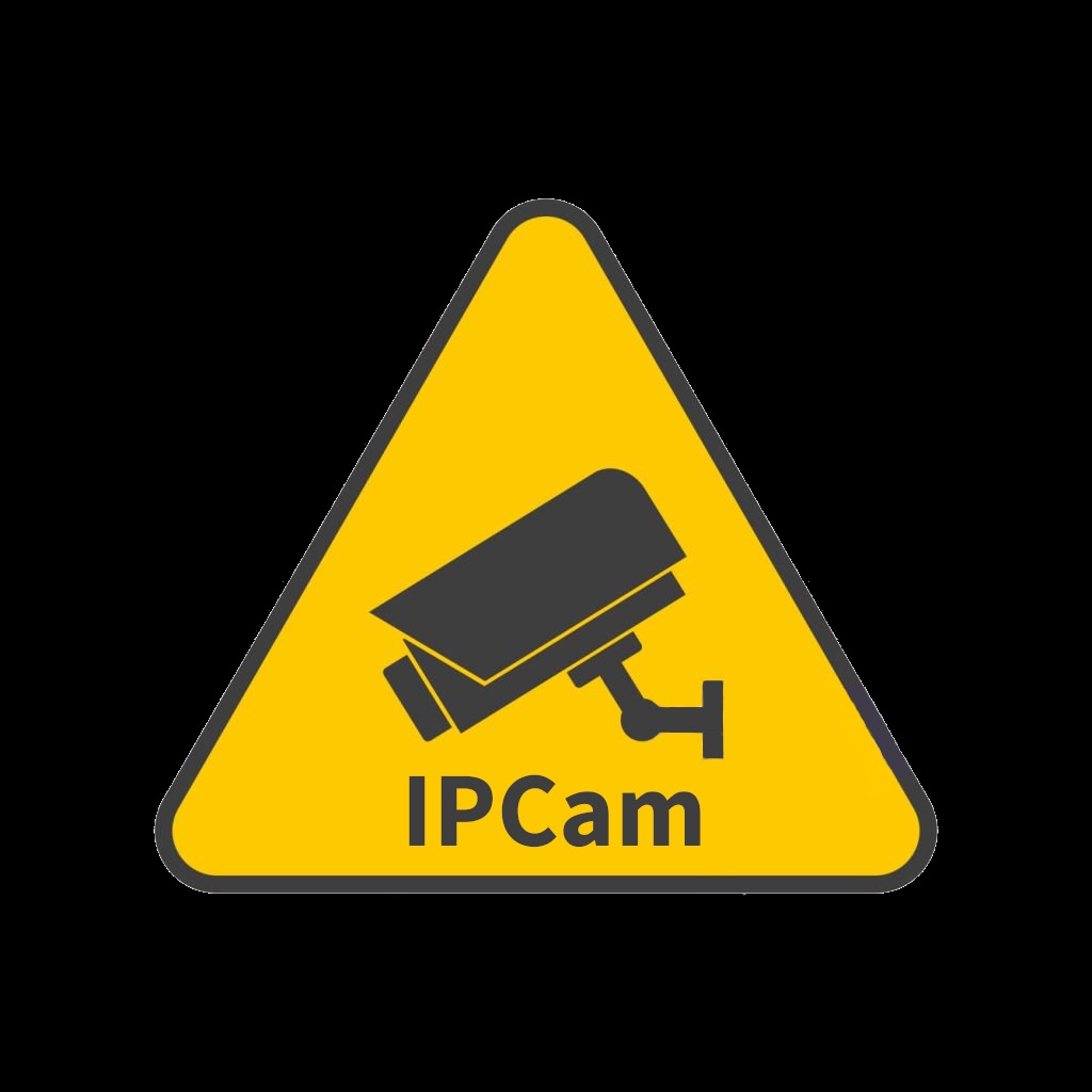 Żółty trójkąt ostrzegawczy z czarną ikoną kamery IPCam, na czarnym tle. Grafika informacyjna.