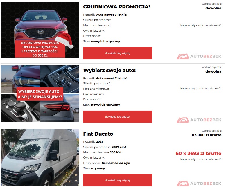 Zestawienie ofert sprzedaży samochodów osobowych i dostawczych, prezentujących rocznik, pojemność silnika, moc, dostępność oraz warunki finansowania.