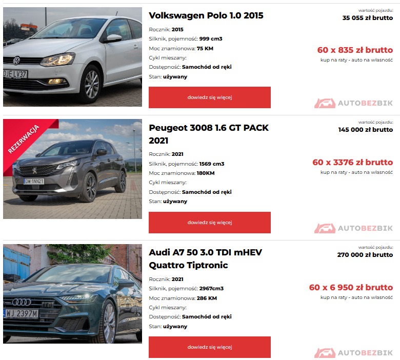 Porównanie ofert: biały Volkswagen Polo 2015, szary Peugeot 3008 2021 z oznaczeniem rezerwacji i zielony Audi A7 2021, z informacjami o roczniku, pojemności silnika, mocy, dostępności i cenie...