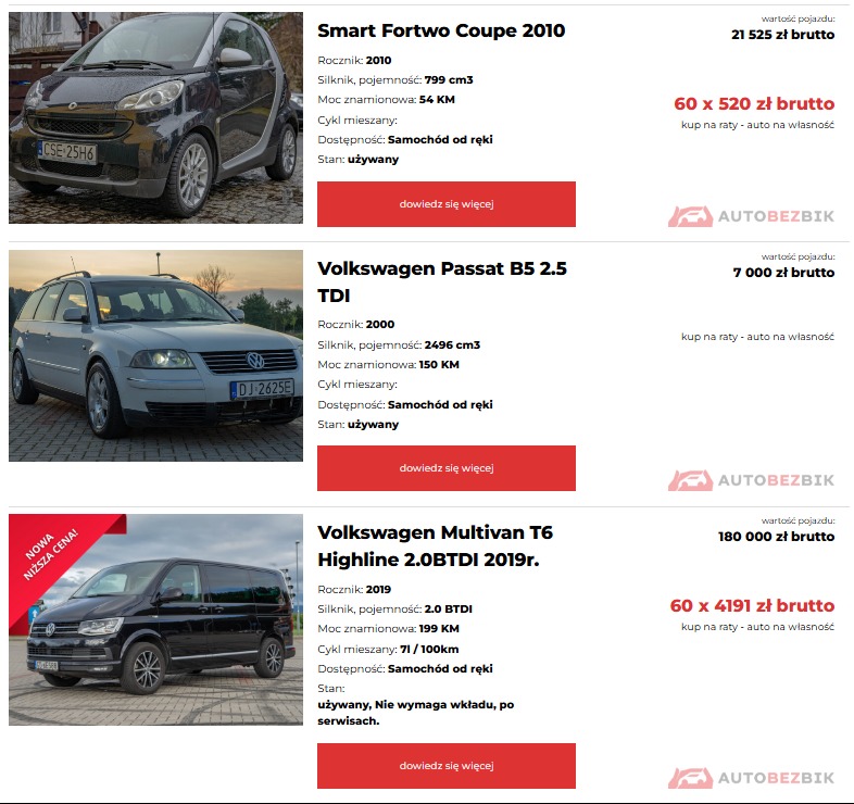 Ogłoszenia sprzedaży używanych samochodów: Smart Fortwo Coupe 2010, Volkswagen Passat B5 2.5 TDI, Volkswagen Multivan T6 Highline 2.0BTDI 2019r. z informacjami o roczniku, pojemności silnika, mocy...