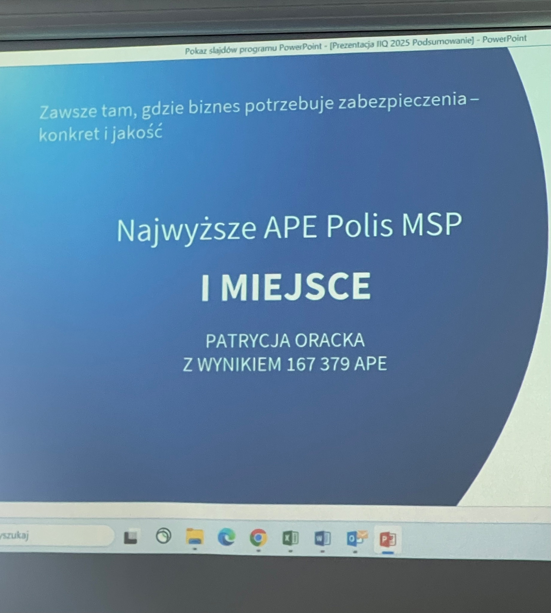 Prezentacja PowerPoint z wynikami APE Polis MSP, wskazująca na I miejsce i nazwisko Patrycja Oracka z wynikiem 167 379 APE. Zabezpieczenie biznesu.