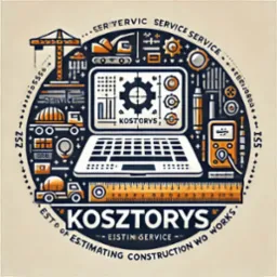 Ilustracja wektorowa przedstawiająca elementy związane z kosztorysowaniem budowlanym: laptop z grafiką koła zębatego, dźwig, betoniarka, kask, miernik, kalkulator, suwmiarka, otoczone napisem...